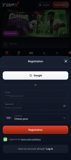 TopX en el móvil: pantalla de registro con el peso chileno como moneda