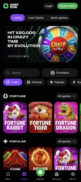 Lucky Star: página de inicio con la sección Fortune de PG Soft